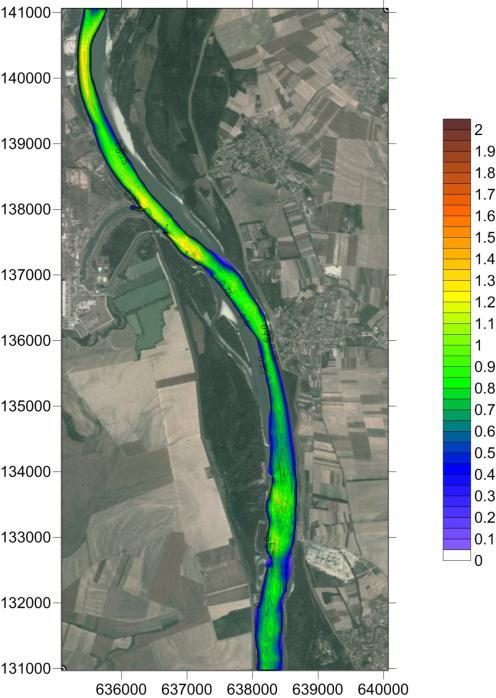 REZULTATI 2D ISPITIVANJA PROTOKA PRI EKSTREMNO NISKIM VODOSTAJIMA DUNAVA Pri ispitivanju događaja u slučaju ekstremno niskih vodostaja gornji (protok) granični uvjet (Dunav, rkm 1530) je mjerodavni