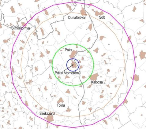Paksi Atomerőmű Nuklearna elektrana u Paksu plavi krug: procijenjeno područje neposrednog utjecaja zeleni krug: procijenjeno područje posrednog utjecaja ljubičasti krug: područje ispitivanja za opće