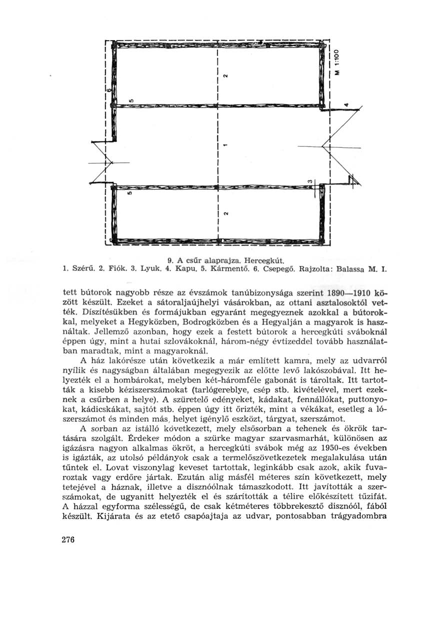 9. A csűr alaprajza. Hercegkút. 1. Szérű. 2. Fiók. 3. Lyuk. 4. Kapu. 5. Kármentő. 6. Csepegő. Rajzolta: Balassa M. I.