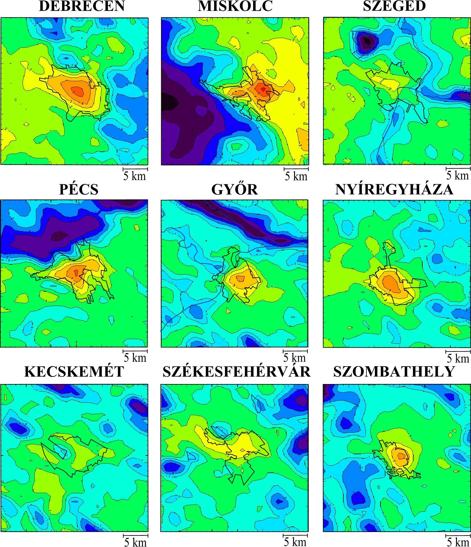 A VÁROSI HŐSZIGET ÁTLAGOS SZERKEZETE NYÁRON NAPPAL MAGYARORSZÁG NAGYVÁROSAI 2001-2012 (Terra/MODIS, Aqua/MODIS) Max.