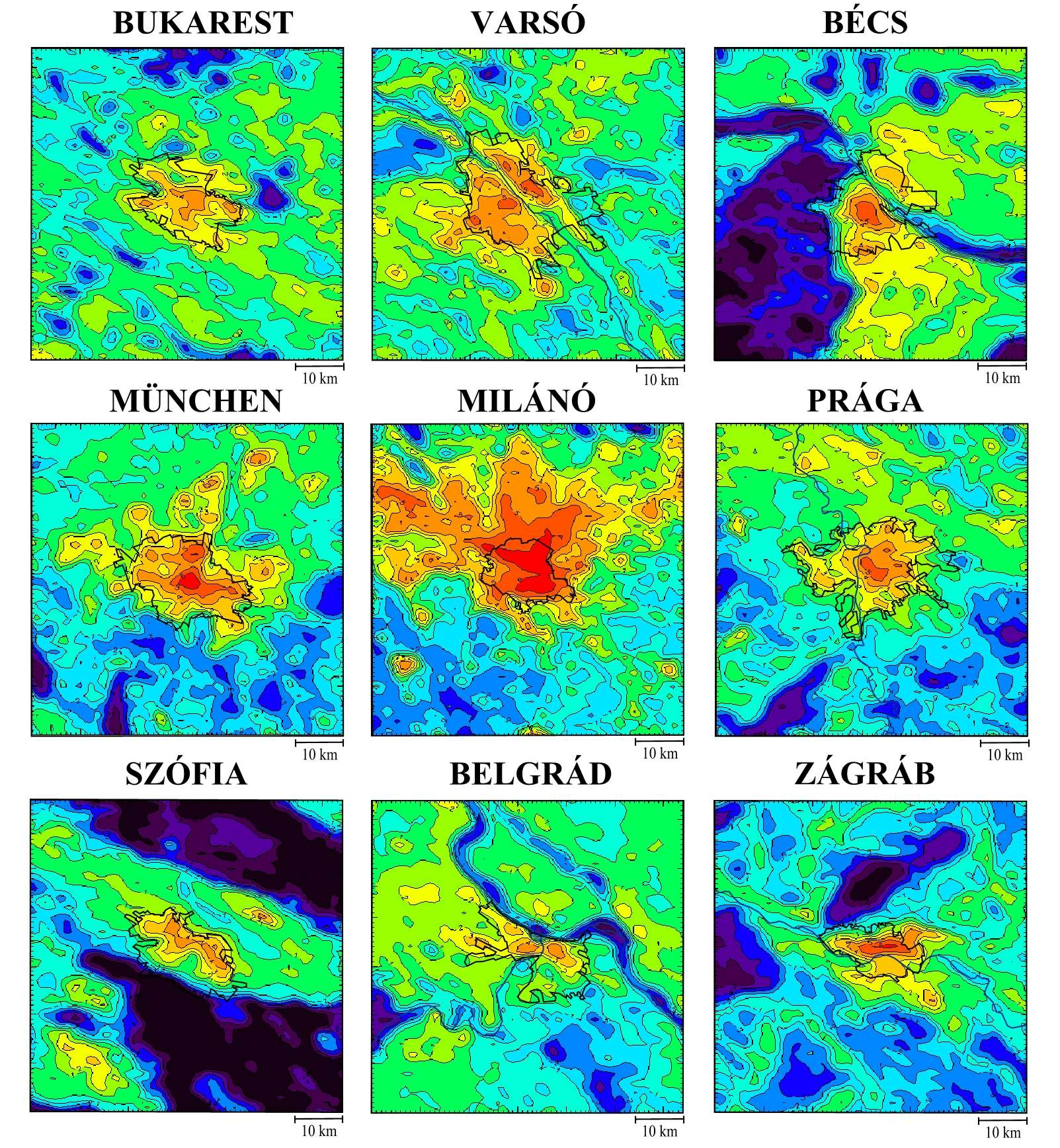 A VÁROSI HŐSZIGET ÁTLAGOS SZERKEZETE NYÁRON NAPPAL KÖZÉP-EURÓPA NAGYVÁROSAI 2001-2012 (Terra/MODIS, Aqua/MODIS) Max.