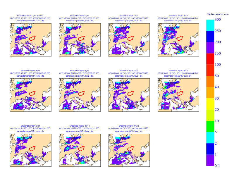 a) b) 6. ábra: (a) Bélyeg diagram mind a 11 ensemble tagra. Az ábrázolt paraméter a 24 órás csapadékösszeg. Az előrejelzés kiinduló időpontja 2008. január 7., 18 UTC.