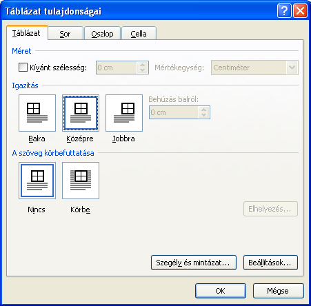 oszlopszélességet (mindkét oszlopra), a Sor fülön a sormagasságot a második sorra (Pontosan jellemzővel) és a Cella