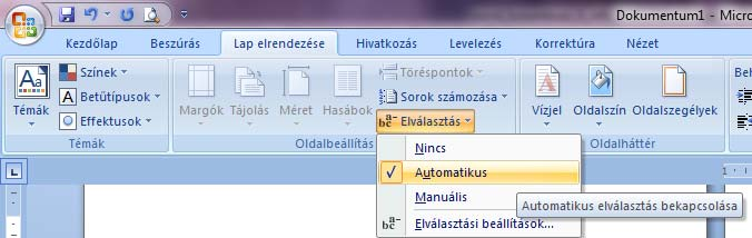 Az automatikus elválasztás bekapcsolásához a menüszalagon a Lap elrendezése