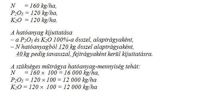 közepes. Az őszi búza fajlagos műtrágya hatóanyagigénye kg/t: N = 28, P 2 O 5 = 20, K 2 O = 18. E fajlagos műtrágya hatóanyagigények az elméletileg számított értékek.