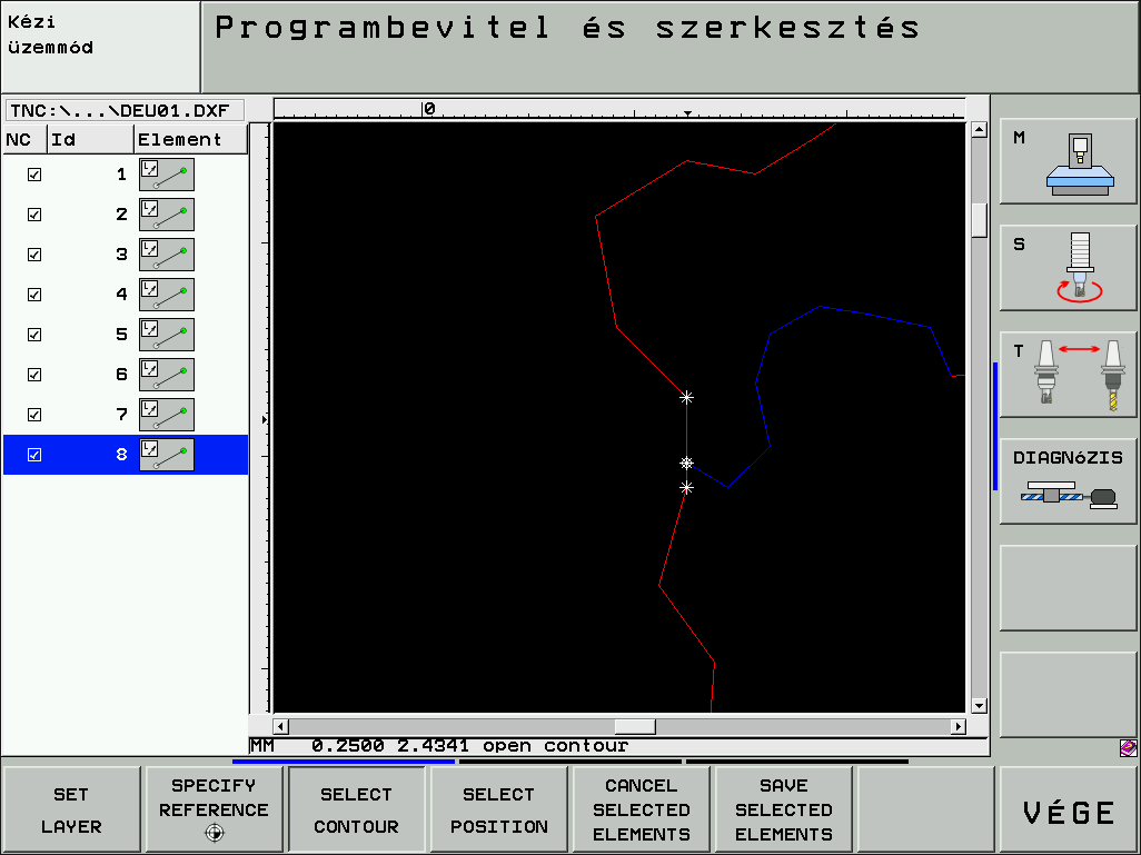 Kontúrelemek osztása, bővítés ésrövidítése Ha olyan kontúrelemeket kell kiválasztani a rajzon, amelyek kereken csatlakoznak egymással, először osztani kell a kontúrelemet.