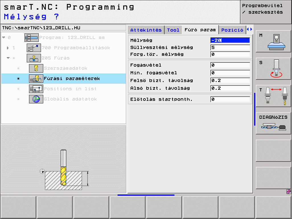 További paraméterek a részletes fúrási paraméterek adatlapon: Forgácstörési mélység:a smart.nc ennél a mélységnél végez forgács megszakítást. Csökkentés: Az az érték, amellyel a smart.