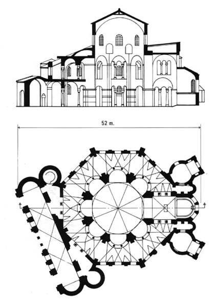 Az 526-547 között épült ravennai San Vitale centrális elrendezésű épület, kupolával és szentélykörüljáróval.