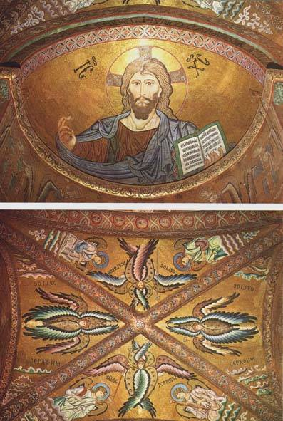 XII. szd, Cefalú Az apszisban (fent) Krisztus alakja Konstantinápoly A béma vagy presbitérium boltozatán (lent) négy