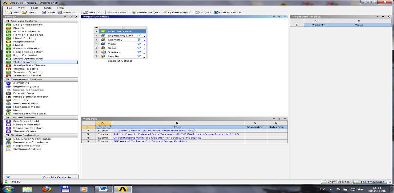 A feladat megoldása: O) A program indítása. - Indítsuk el az ANSYS Workbench 14.0 - t.