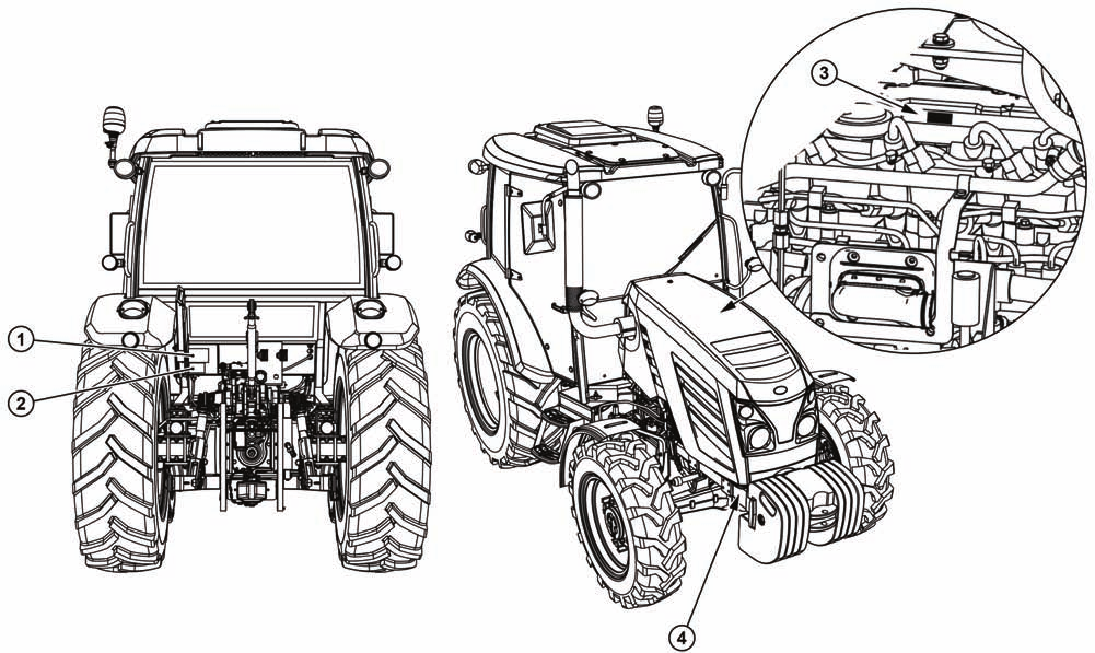 ADATTÁBLA ELHELYEZÉSE VEZETŐFÜLKÉS TRAKTORON MGP16N001 1. A traktor gyártási száma 2. A biztonsági vezetőfülke gyártási száma 3. A motor adattáblája 4.
