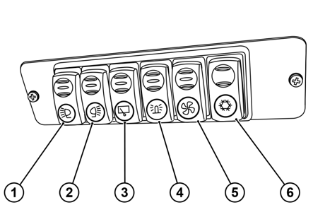 A TRAKTOR BEMUTATÁSA A tetőn elhelyezett kapcsolók 1. Légkondicionáló kapcsoló 2. Légkondicionáló ventilátor kapcsoló 3. Fénysziréna kapcsoló 4. Hátsó ablaktörlő kapcsoló 5.