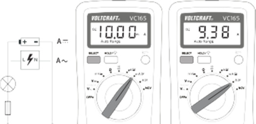 200 ma-nál nagyobb áramerősség mérésnél a következőképpen járjon el: - Kapcsolja be a multimétert a forgókapcsolóval (4) és állítsa az A mérési tartományba.