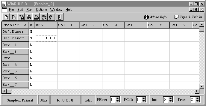 122 VI. A WINGULF PROGRAMCSOMAG 7. ábra. WinGULF Új feladat. részén található és FRow ( Fixed Rows ) meg FCol ( Fixed columns ) cimkékkel ellátott vezérlők nullára vannak beállítva (lásd. 8. ábra). 8. ábra. WinGULF Rögzített sorok és oszlopok beállítására szolgáló vezérlők.