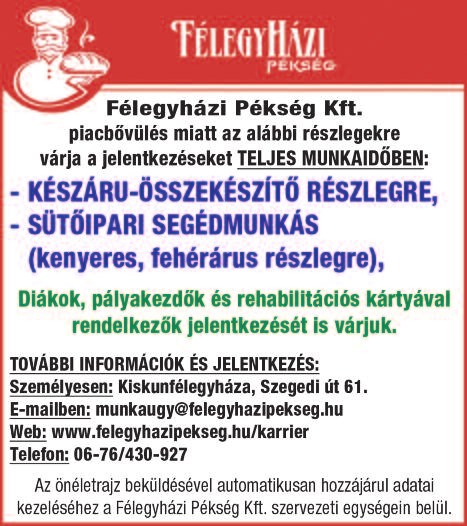 alatt. Tel.: 06-20/771-0850 Bolti eladó, Boltvezető, Szakács, Cukrász, Pincér, Vendéglátásszervező- Vendéglős, Vendéglátó Eladó, Aranykalászos Gazda OKJ tanfolyam. Tel.: 06-70/524-6166. www.