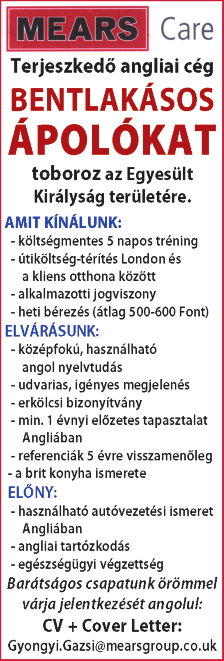 : 06-20/466-3397, 20/211-1149 Kiskunfélegyházi munkahelyre keresünk 1 fő angolul beszélő férfi alkalmazottat VEZÉNYLŐ munkakörbe. Bérezés megállapodás szerint.