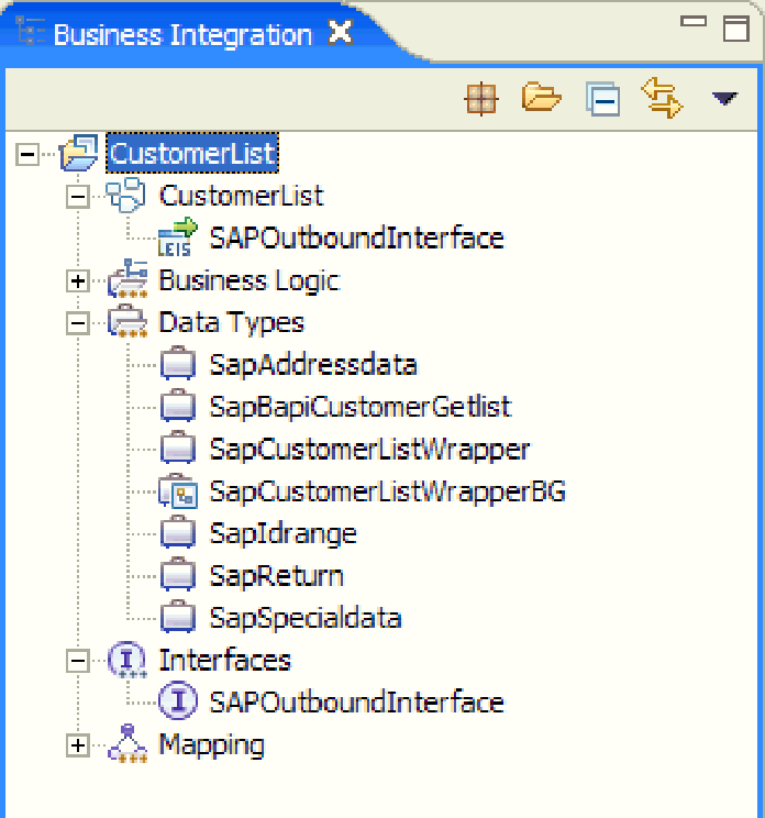 ábra: A CustomerList modul megjelenik a Vállalati integráció perspektívában A modul bevezetése tesztelésre Vezesse be a modult a WebSphere Process