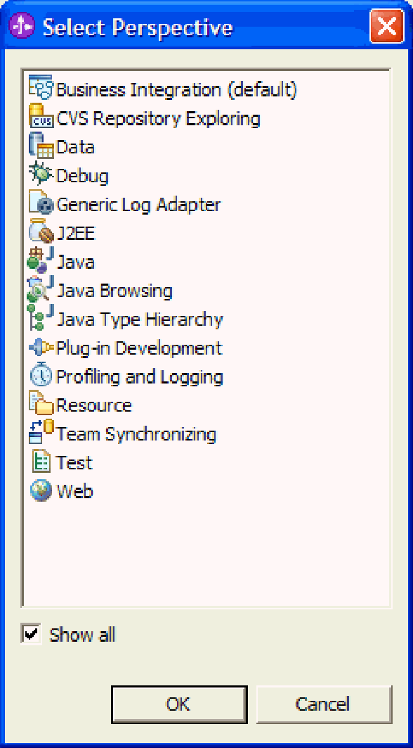 A feladat végrehajtása 1. A WebSphere Integration Developer termékben váltson a J2EE perspektívára: a. Kattintson az Ablak Perspektíva megnyitása Egyéb menüpontra. b. Kattintson a J2EE elemre.