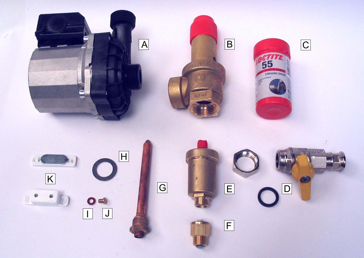 EGYÉB Odds and ends A 5233-101 Szivattyú WILO FBRS 25/70 Pump A 13814-101 Szivattyú GRUNDFOS UP 20/60 FE Pump B AFA-01764-100 Bizt. lefúvató szelep GIACOMINI Safety spring valve B 8845-101 Bizt.