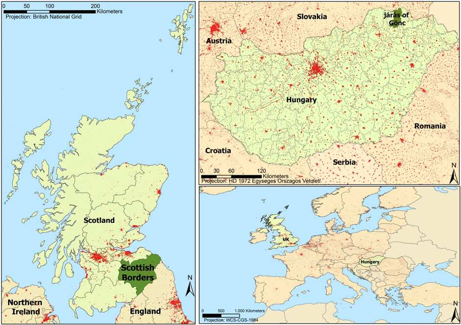 6. ábra: A magyar és a skót mintaterület elhelyezkedése országos/nemzeti és nemzetközi kontextusban (CORINE Land Cover 2006 alapján saját szerkesztés) 3.