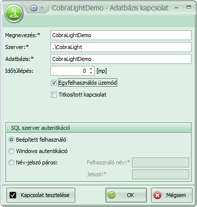 CobraLightDEMO Megnevezés átírható DEMO Kft. névre. A Szerver meghatározása.\cobralight és az Adatbázis neve CobraLight és CobraLightDEMO a CCL programmal nem módosítható.