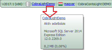 A CobraLightDemo adatbázisával kapcsolatban azt jeleníti meg a program, hogy az adatbázis 8,2 MB területet foglal, és az a maximálisan foglalható területnek 0,08%-a.