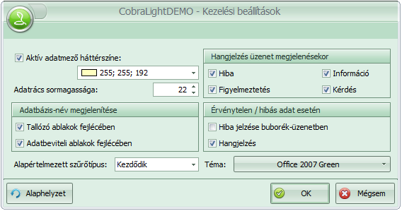 1.4 Alap és egyénre szabott beállítások 1.4.1 Alapbeállítások menüpontjai Működés/Kezelés Az ablak a CCL program telepítését követően az alapbeállításokat tartalmazza, ami a címszavak és beállított