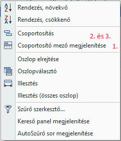 a kijelölést a Deviza oszlopmegnevezésre helyezve, új jobb egérgombos menüből a Csoportosítás menüt választva, 3.