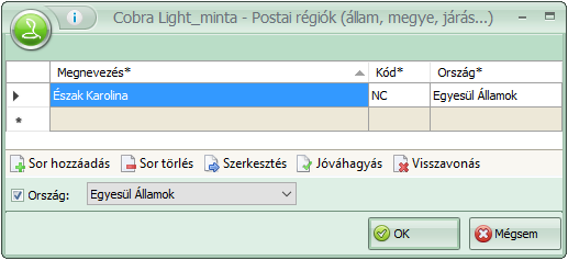 Az Egyesül Államokban a címzésben kétkarakteres kód jelzik az államot. Az alábbi mintán az Egyesült Államok egyik államának régióként történő adatfelvétele tekinthető meg.