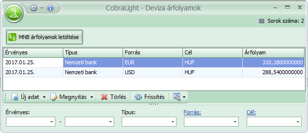 A következő mintán 2017.01.25-én indított árfolyamletöltés eredménye látható, ha előzőleg az ablak üres volt, és a devizák közül az EUR és az USD van aktívra állítva.