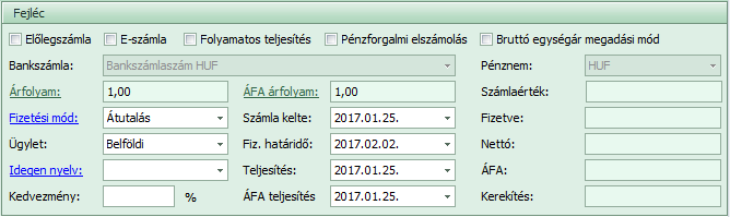 automatikusan feltöltődik. Előlegszámla beállítást alkalmazva a program a kiállításra kerülő számlát előlegszámlaként kezeli.