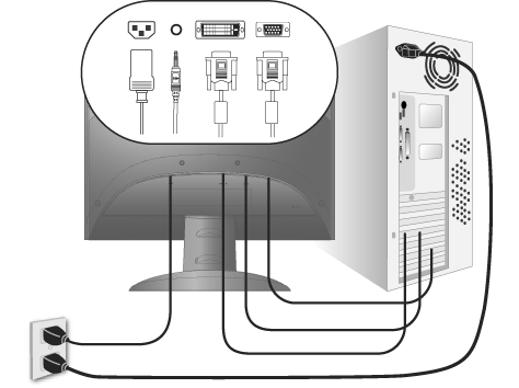 Gyors telepítés 1. Kapcsolja a tápkábelt az AC/DC (Váltóáram/Egyenáram) adapterhez. 2. Csatlakoztassa a videokábelt Győződjön meg, hogy az LCD-kijelző és a számítógép KI (OFF) van kapcsolva.