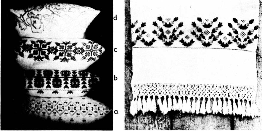 15. Keresztbe vetett ágy közbelső párnái: a) fehér vágásos vagy vágottas, piros laposöltéssel 1880 tájáról; b) fekete sinoros,