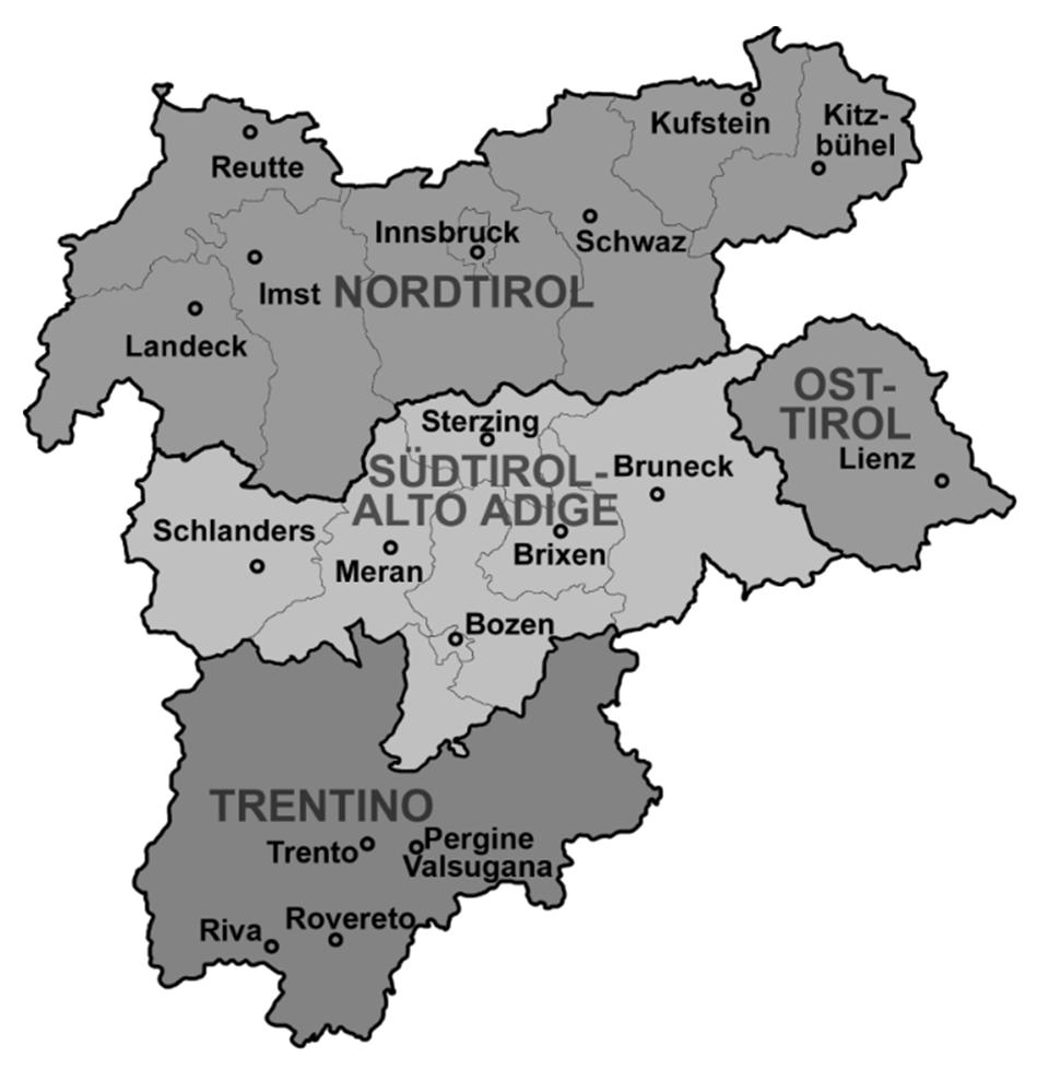 68 Gazdaság & Társadalom / Journal of Economy & Society 2015. 1-2. szám 3. ábra: Tirol és Dél-Tirol közigazgatási térképe A Tirol Interreg régió Forrás: http://vignette1.wikia.nocookie.