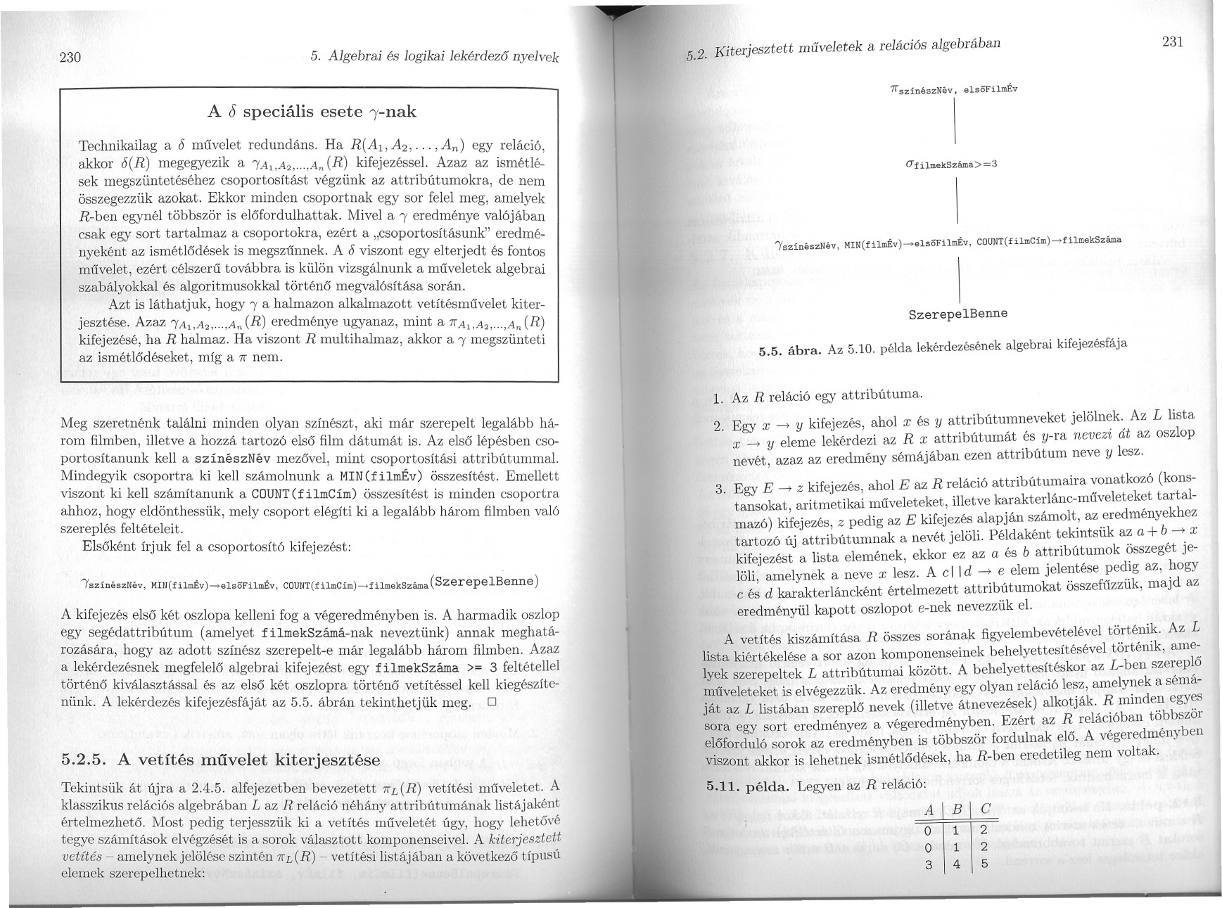 230 5. Algebrai és logikai lekérdezo nyelvek 5.2. Kiterjesztett muveletek a relációs algebrában 231 A 8 speciális esete ')'-nak 71'szinészNév. elsöfilmév Technikailag a 8 muvelet redundáns.