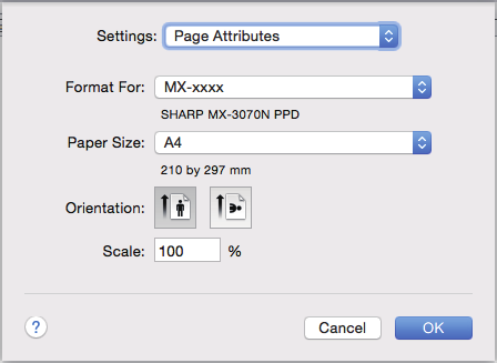 Az MX-3050N/3550N/4050N/5050N/6050N esetén a készülék nyomtatóként történő használatához Mac OS környezetben, a PS3 bővítőkészlet szükséges. Válassza ki a [Page Setup] elemet a [File] menüből.