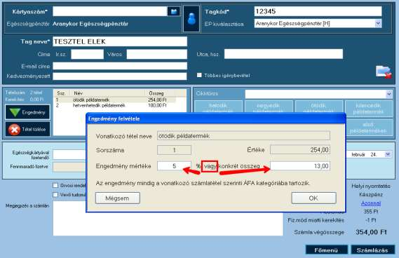 Rá kell kattintanunk arra a felvett tételre, melyhez engedményt kívánunk megadni, majd a tételek mellett az engedmény feliratra.