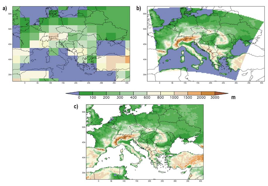 4.3. ábra: a) A HadCM3Q0 globális, b) a PRECIS/HadRM3P regionális klímamodell és c) az E-OBS domborzati térképe A 4.4. 4.8.