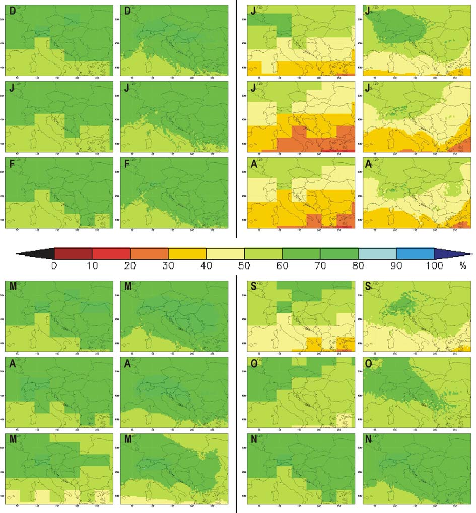 4.8. ábra: Az 500 hpa-os nyomási szint átlagos relatív nedvessége az 1961 1990 közötti időszakban a HadCM3Q0 globális (1. és 3. oszlop) és a PRECIS/HadRM3P regionális (2. és 4.