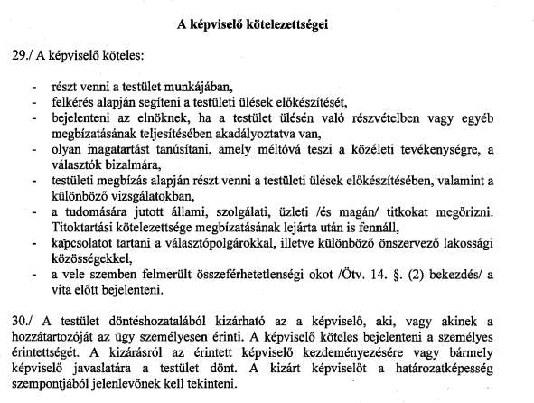 VI fejezet Az elnök, elnökhelyettes 31.) A testület társadalmi megbízatású elnöke a testület vezetője, felelős az önkormányzat gészének működéséért. 31.1. Az elnök tanácskozási joggal részt vehet a települési önkormányzat Közgyűlésén.