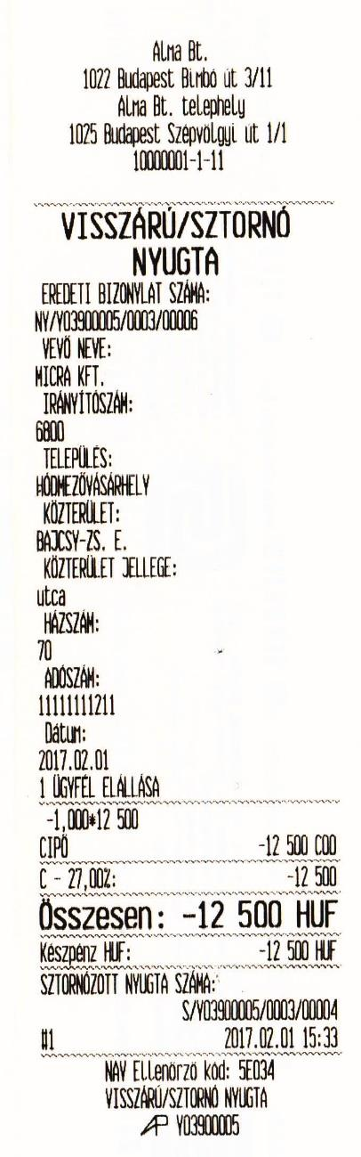 Nyomtatott jelentés: 1 2 3 Leírás: 1. Fejléc, a tulajdonos adatai. 2. Visszáru bizonylat. 3. Eredeti bizonylat, vevő neve és címe. 4. Sztornó indoka 5. Sztornó mennyiség. 6.