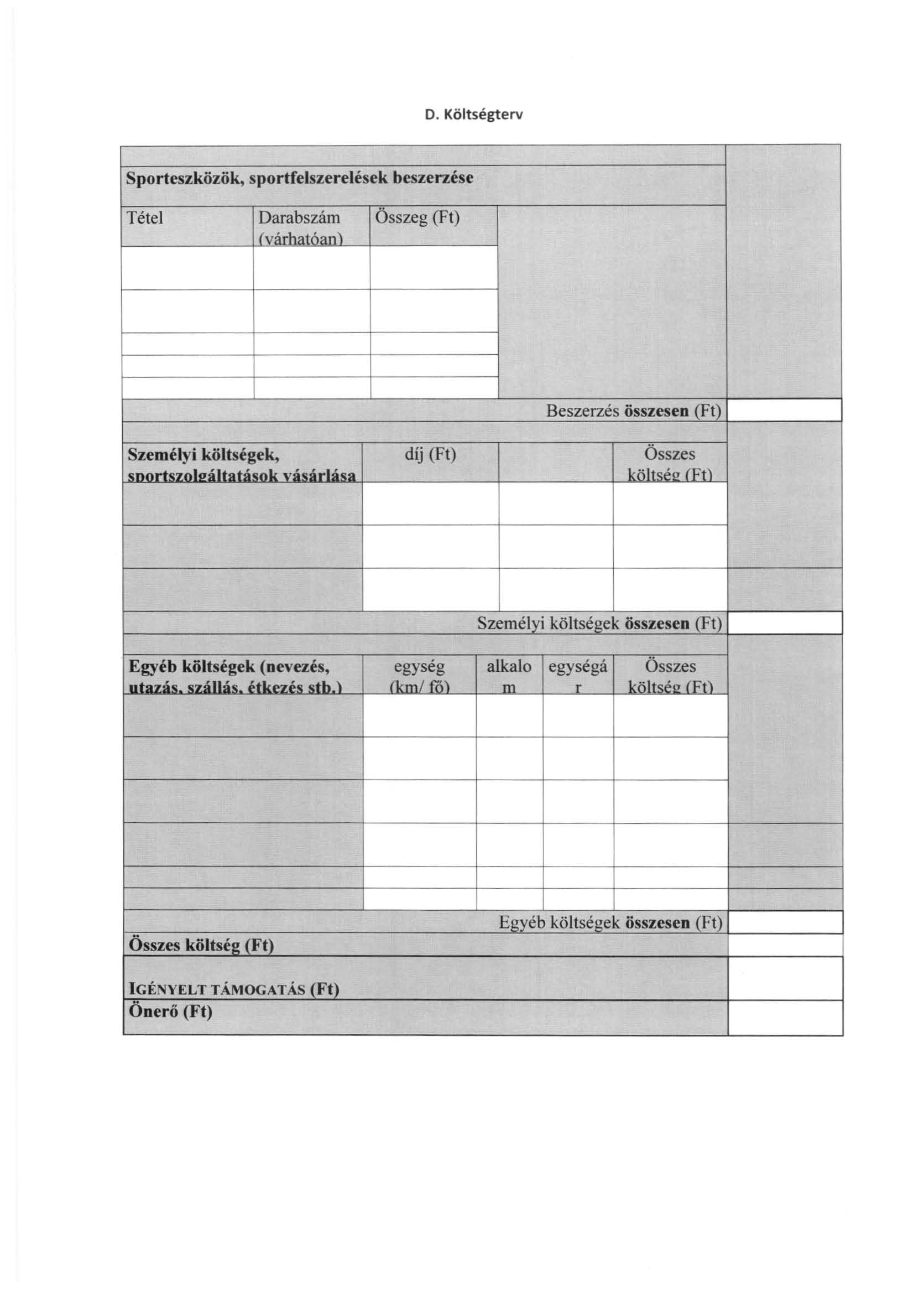D. Költségterv Sporteszközök, sportfelszerelések beszerzése Tétel Darabszám Összeg (Ft),) Beszerzés összesen (Ft) Személyi költségek, díj (Ft) Összes " " v...rl... lillt.