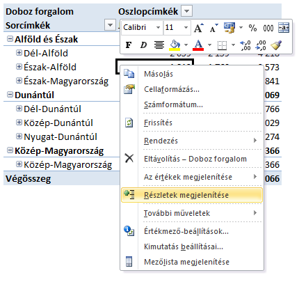 14 Részletek megjelenítése Hasonlóan az Analysis Services-nél megismert Drillthrough-hoz, a PowerPivotból is át tudunk fúrni az adott szám kiszámításához felhasznált elemi sorokhoz.