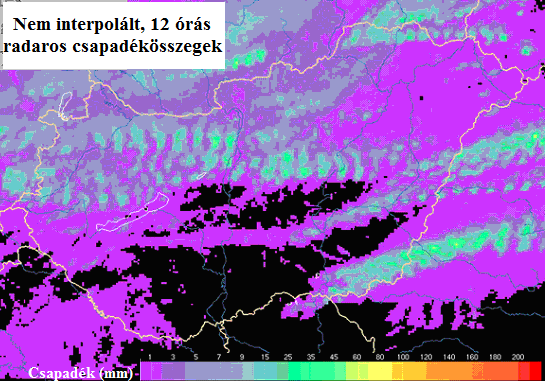 29 a) b) 13. ábra a) Nem interpolált, illetve b) interpolált, 12 órás radaros csapadékösszegek (Horváth et al., 2012) Az eljárás során a radarkép rácspontjait ún.