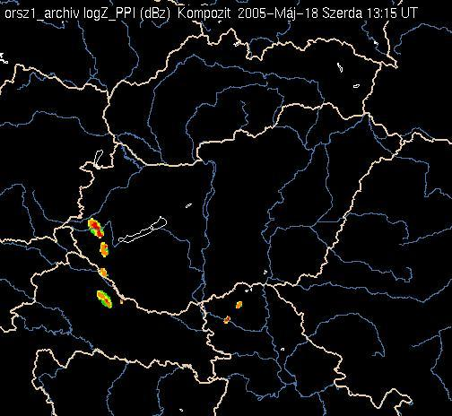 feldolgozatlan radarképek: a) 2005. május 18. 13.15 UTC c) 2005.