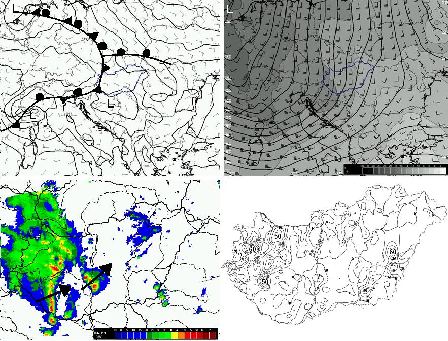 75 44. ábra Példa a hidegfronthoz kapcsolódó konvektív láncos helyzetre (C1-es típus) Balra fent: a tengerszinti légnyomás (2 hpa-onként) és a 925 hpa-os szélmező. ECMWF analízis, 2007. augusztus 20.