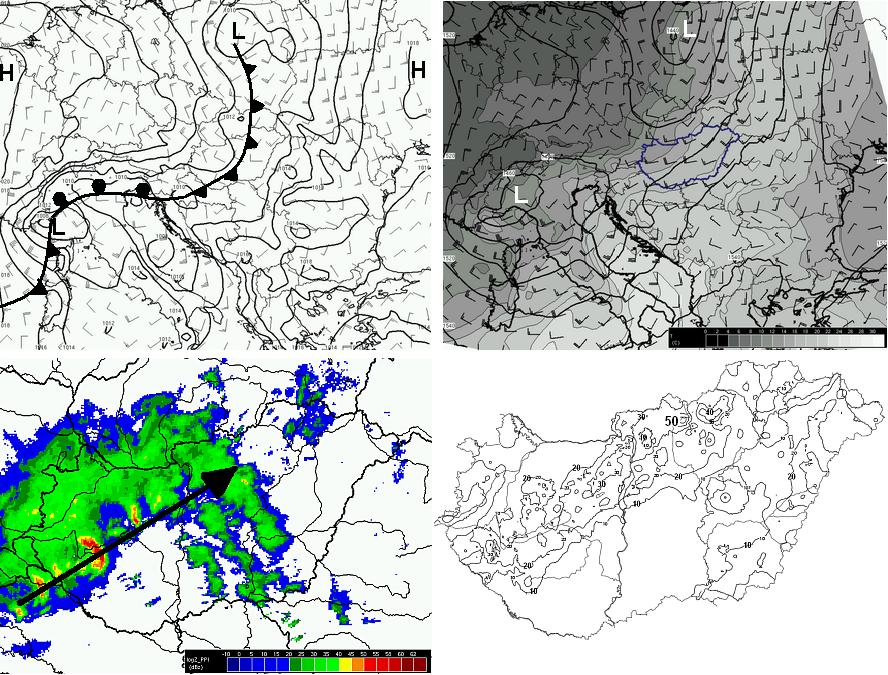 78 46. ábra Példa a hidegfrontot kísérő konvektív vonalas szituációra (B1-es kombináció) Balra fent: a tengerszinti légnyomás (2 hpa-onként) és a 925 hpa-os szélmező. ECMWF analízis, 2008. július 14.