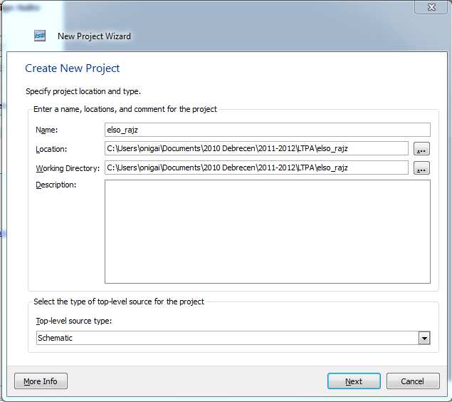 A project létrehozása A fejlesztőkörnyezet elindítása: Start -> Programs\Xilinx ISE Design Suite 14.3\ISE Design Tools\Project Navigator.