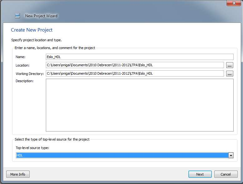 A project létrehozása A fejlesztőkörnyezet elindítása: Start -> Programs\Xilinx ISE Design Suite 12.3\ISE Design Tools\Project Navigator.