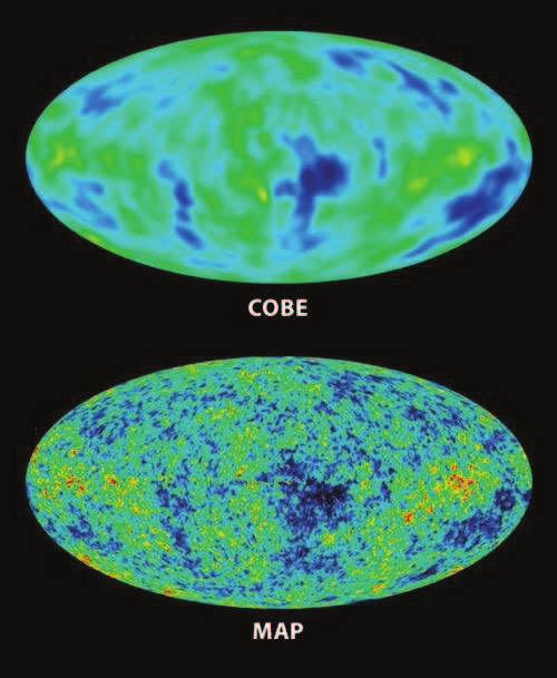 23. ábra. A felső ábra a kozmikus háttérsugárzásnak a COBE műhold által mért egyenetlenségeit szemléltetik, az alsó a WMAP műhold által mért jobb felbontással mért értékek.
